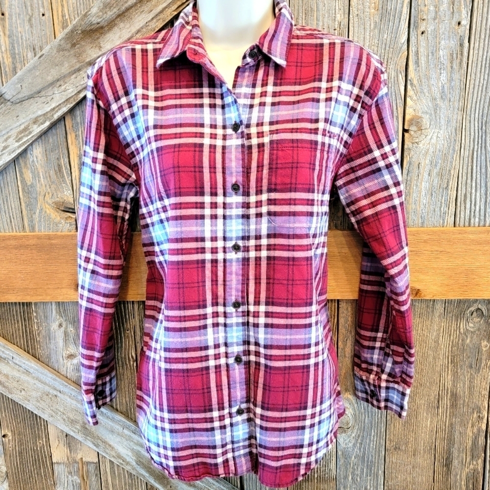 Eddie Bauer Shirt Womens XS Plaid Button Up Blouse Top Boyfriend Fit Flannel